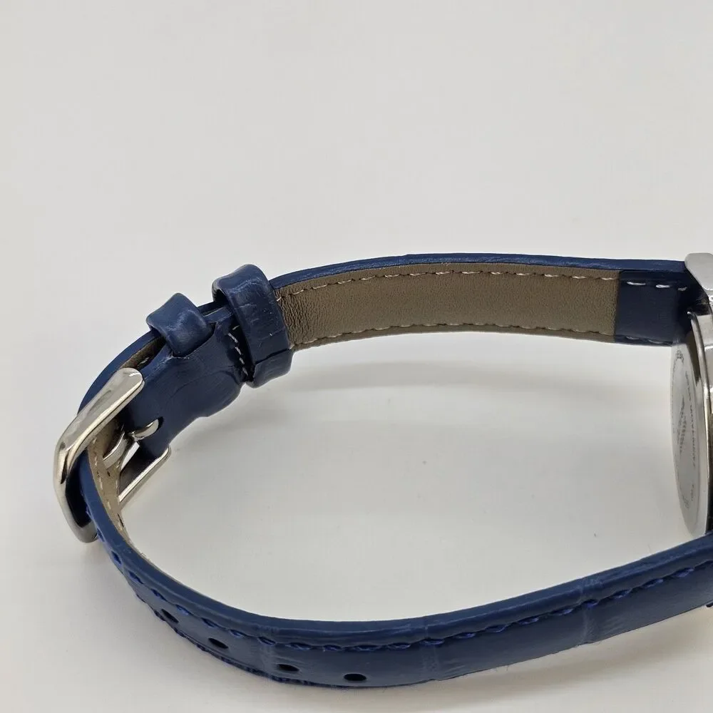 28MM Women Watch White Dial New‎ Blue Leather Bands New Battery READ DESCRIPTION